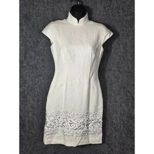 Shanghai Tang White Linen Embroidered Mandarin Collar Sheath Dress US 4 Designer